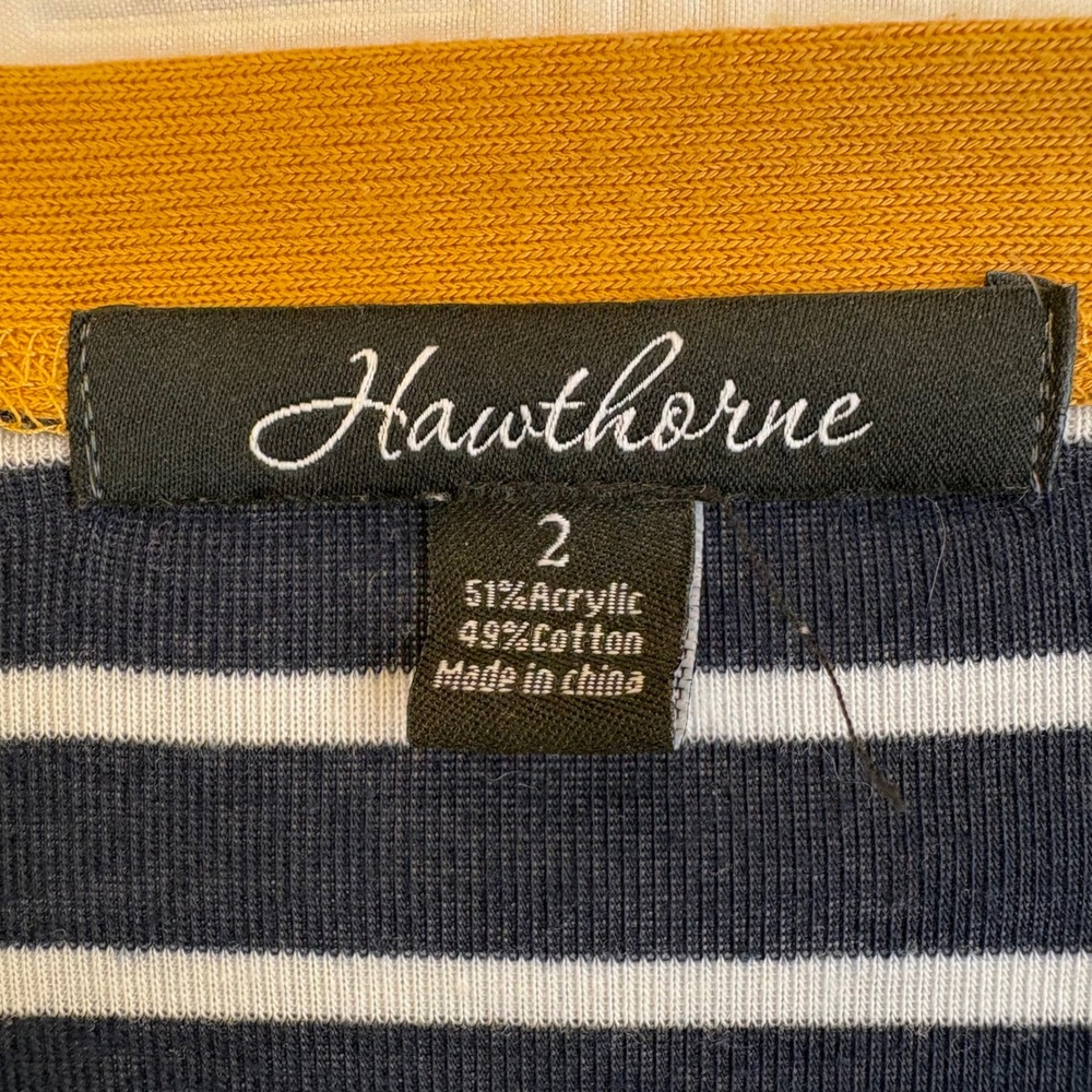 Hawthorne Cardigan Sweater Womens 2X Navy Blue White Striped Mustard Yellow Trim - Picture 4 of 6
